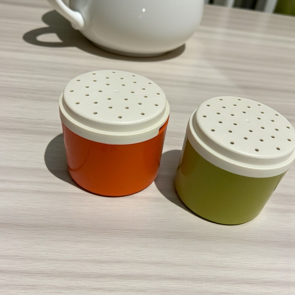 Vintage Tupperware stackable Orange and Green Spice Shakers
